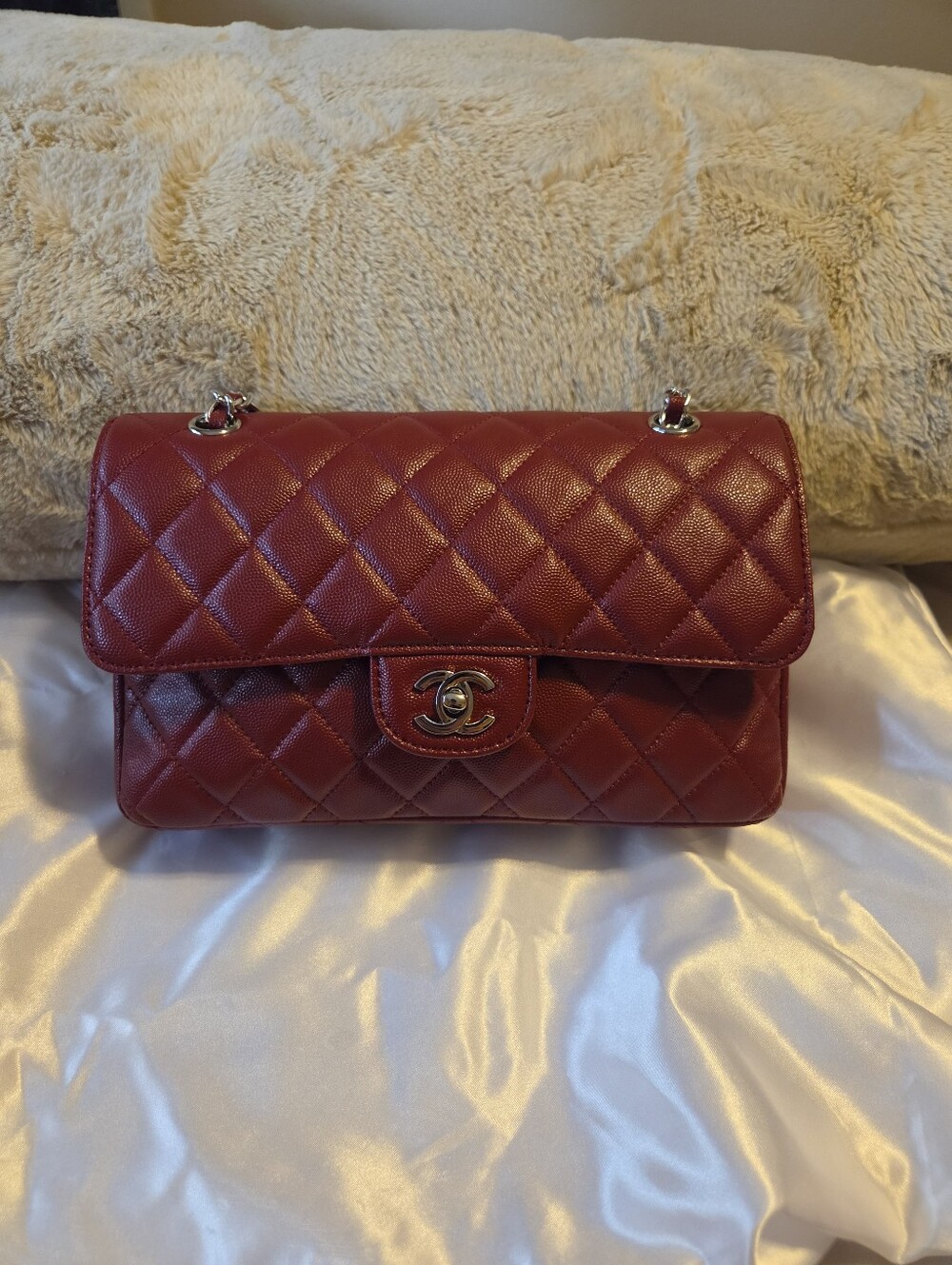Silver And Red Quilted Flap Shoulder Bag